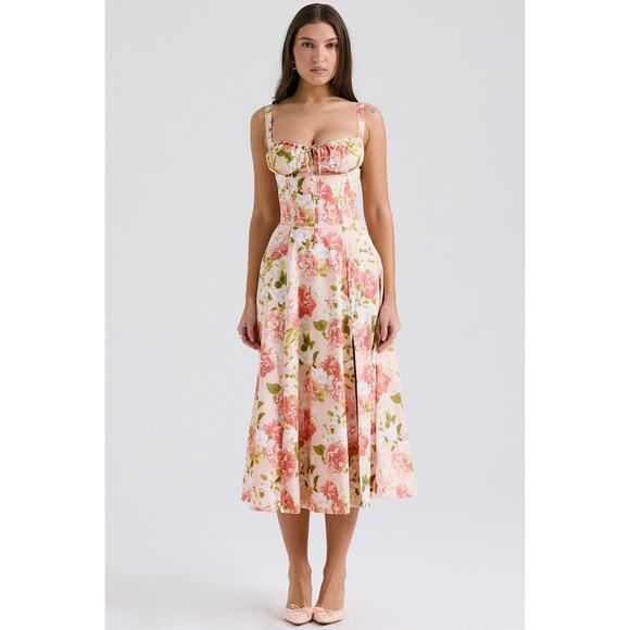 House of CB Carmen Pink Peony Print Cotton Bustier Midi Sundress Size XS